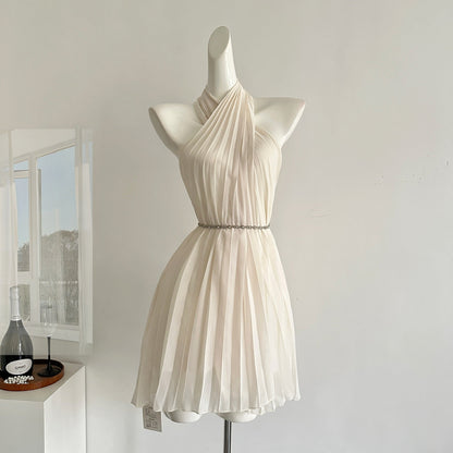 Sexy A line Halter Neckline Pink Short Chiffon Summer Dress Holiday Party Outfits For Women DP0119