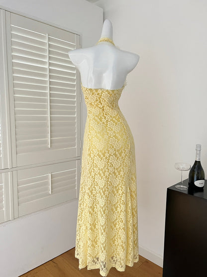 Sexy Sheath V Neckline Yellow Lace Summer Dress Holiday Party Outfits For Women DP0114