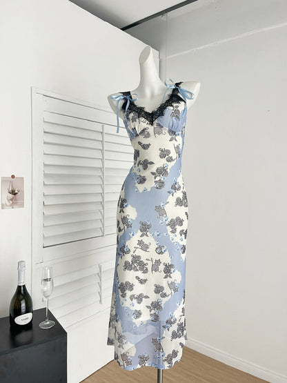Sexy Sheath Straps Floral Blue Summer Dress Holiday Party Outfits For Women DP0112