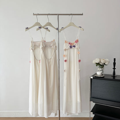 Cute A Line Spaghetti Straps Floral White Chiffon Summer Dress Holiday Party Outfits For Girls DP0130