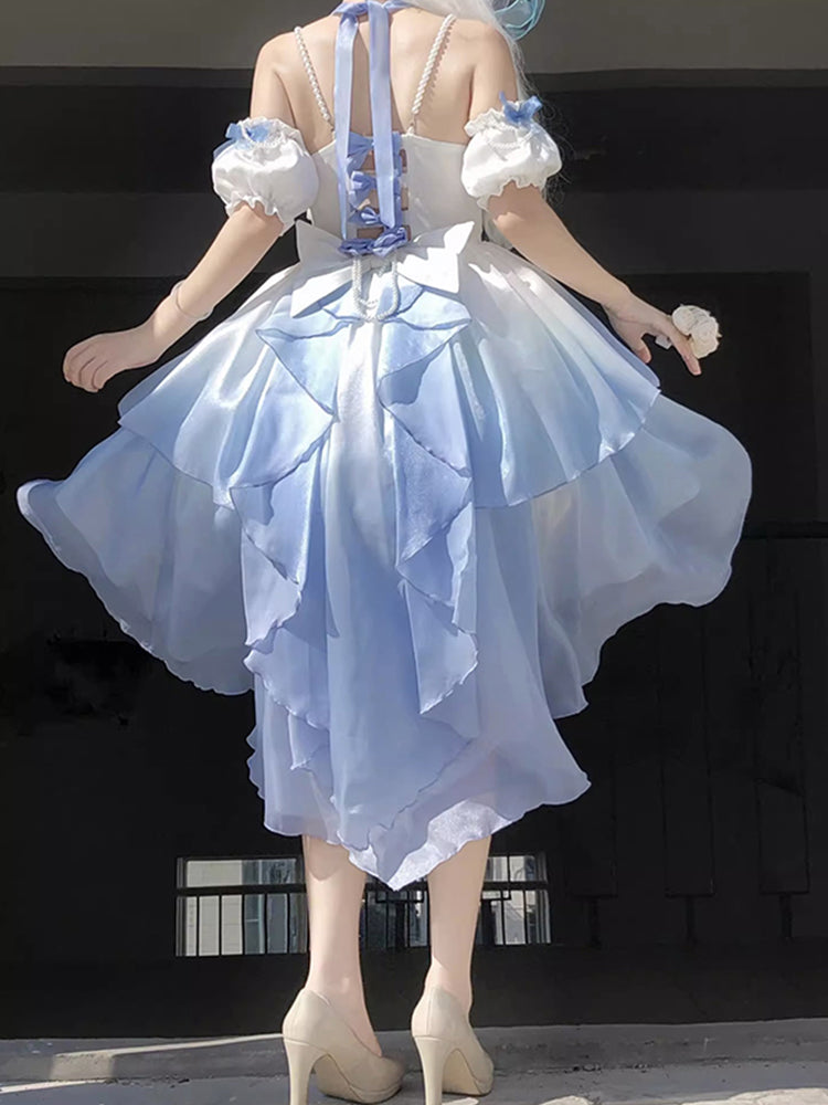 Vintage Ball Gown Off The Shoulder Ombre Blue Chiffon 22th Birthday Dress Lolita Dress Cute Lolita Outfits DH2442