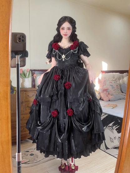 Retro Ball Gown Off The Shoulder Short Sleeves Black Rose Floral 16th Chiffon Birthday Dress Lolita Dress 18th Birthday Outfits W1244