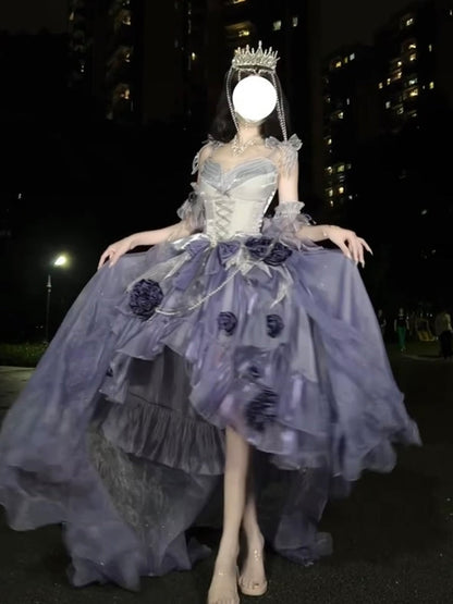 Vintage Ball Gown Spaghetti Straps Grape Chiffon Summer 18th Birthday Dress High Low Ombre Blue Pearls Lolita Dress Birthday Outfits W1253