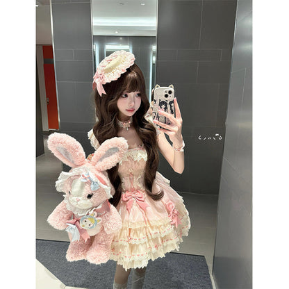 Cute Ball Gown Square Neck Pink Short Lace Summer 18th Birthday Dress Lolita Dress Birthday Outfits W1249