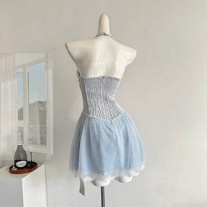 Sexy A line Halter Blue Min Summer Dress Holiday Party Homecoming Dress Birthday Outfits For Teens DP1401