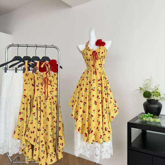 Simple A line Halter Yellow Summer Dress Holiday Party Dress Birthday Outfits For Teens DP1404