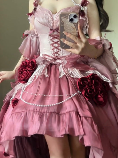 Vintage Ball Gown Spaghetti Straps Chiffon Summer 18th Birthday Dress High Low Ombre Pink Lolita Dress Birthday Outfits DH2415