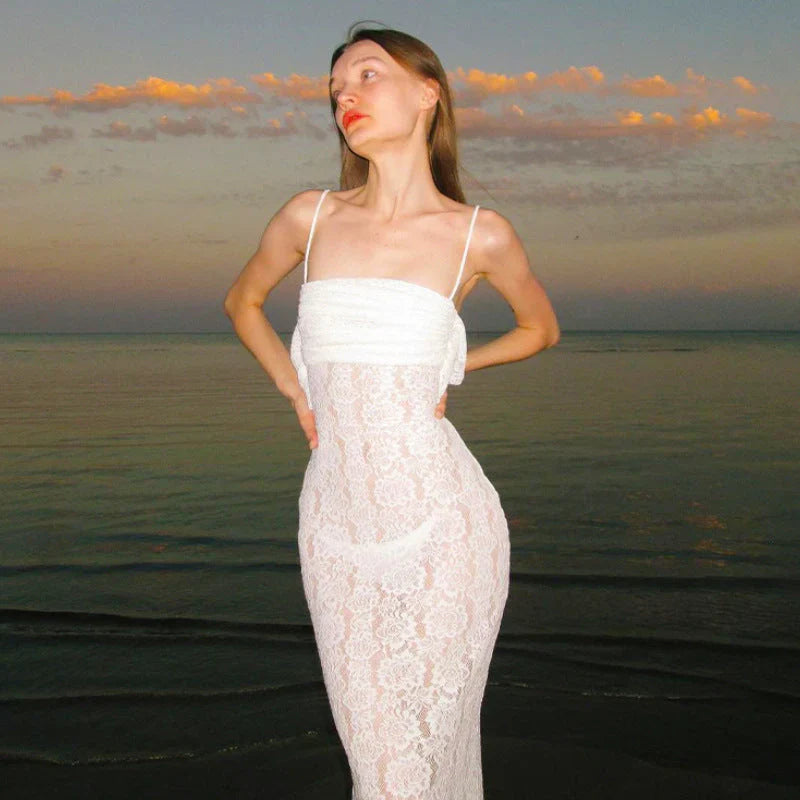 White Mermaid Spaghetti Straps Lace Long Prom Dress Evening Dress SH1912