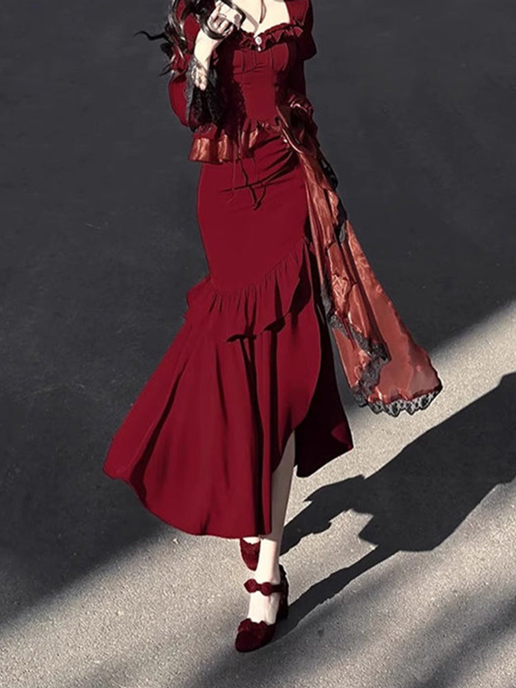 Vintage Mermaid Sweetheart Long Sleeves Burgundy Black Lace Summer 18th Birthday Dress Lolita Dress Birthday Outfits W1215