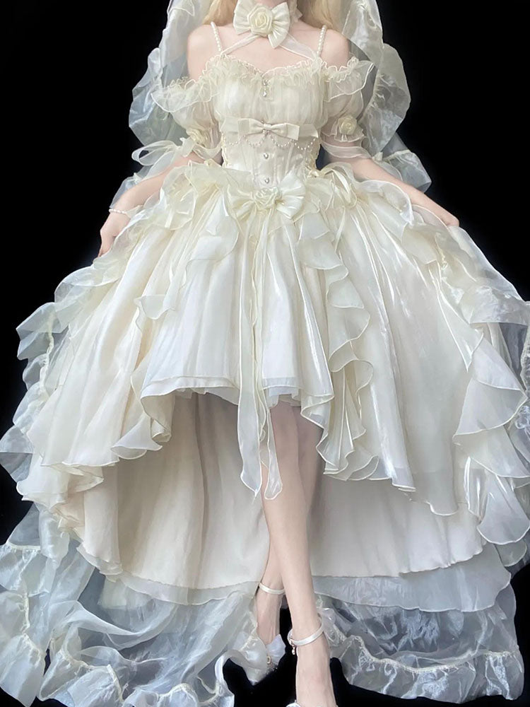 Beautiful High Low Off The Shoulder Short Sleeves Beige Rose Floral 16th Chiffon Birthday Dress Lolita Dress 18th Birthday Outfits W1242