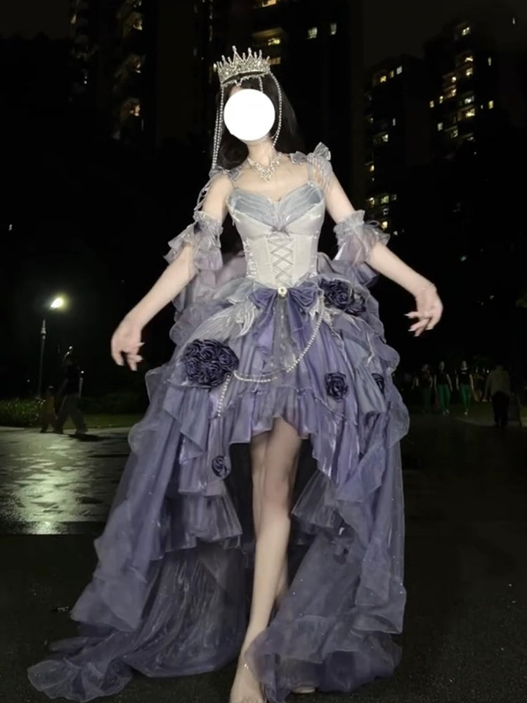 Vintage Ball Gown Spaghetti Straps Grape Chiffon Summer 18th Birthday Dress High Low Ombre Blue Pearls Lolita Dress Birthday Outfits W1253