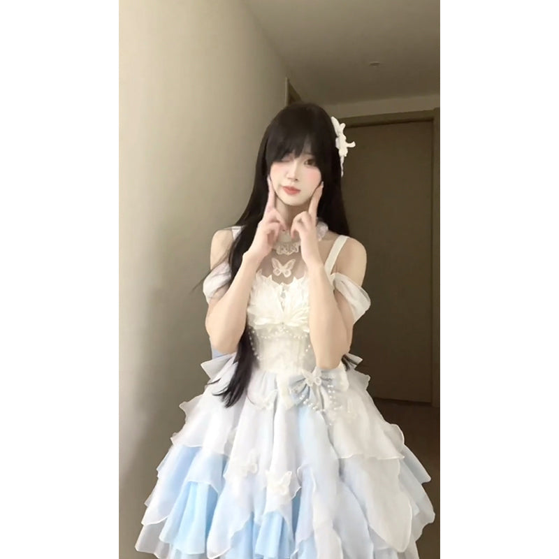 Vintage Ball Gown High Neck Light Sky Blue Chiffon Short Summer 18th Birthday Dress Lolita Dress Birthday Outfits W1208