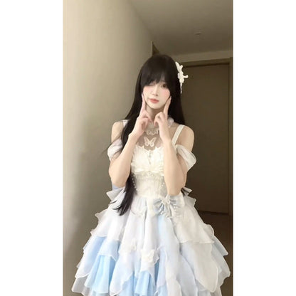 Vintage Ball Gown High Neck Light Sky Blue Chiffon Short Summer 18th Birthday Dress Lolita Dress Birthday Outfits W1208