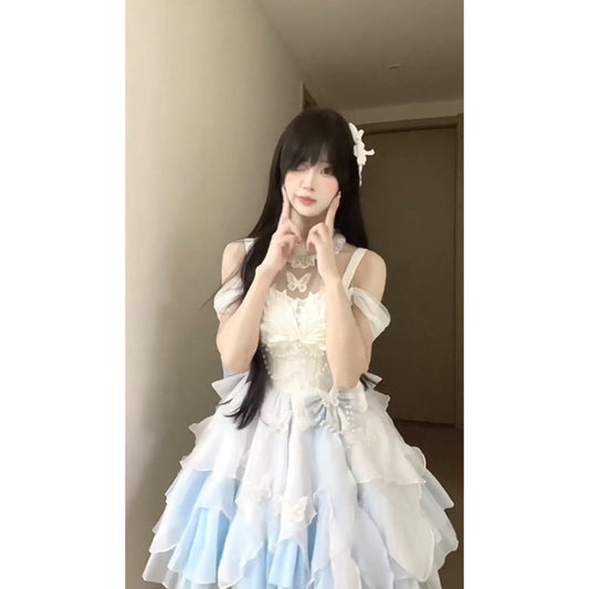 Vintage Ball Gown High Neck Light Sky Blue Chiffon Short Summer 18th Birthday Dress Lolita Dress Birthday Outfits W1208