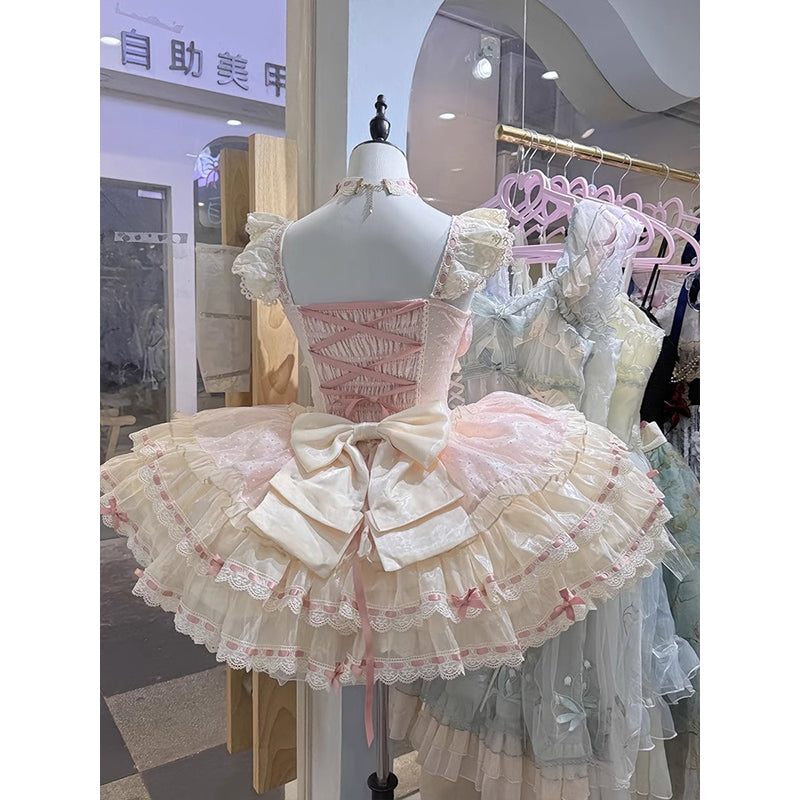 Sweet Ball Gown Square Neck Pink Lace Short 16th Birthday Dress Lolita Dress Birthday Outfits W1207