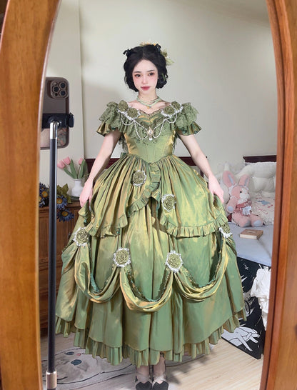 Retro Ball Gown Off The Shoulder Short Sleeves Green Rose Floral 16th Chiffon Birthday Dress Lolita Dress 18th Birthday Outfits W1243