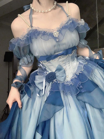 Beautiful High Low Off The Shoulder Short Sleeves Blue Rose Floral 16th Chiffon Birthday Dress Lolita Dress 18th Birthday Outfits W1240