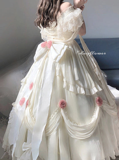 Retro Ball Gown Off The Shoulder Short Sleeves White Rose Floral 16th Chiffon Birthday Dress Lolita Dress 18th Birthday Outfits W1242