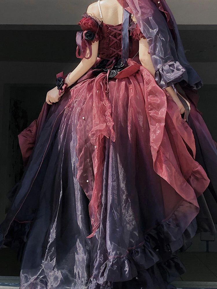 Beautiful High Low Off The Shoulder Short Sleeves Ombre Burgundy Floral 16th Chiffon Birthday Dress Lolita Dress 18th Birthday Outfits W1222