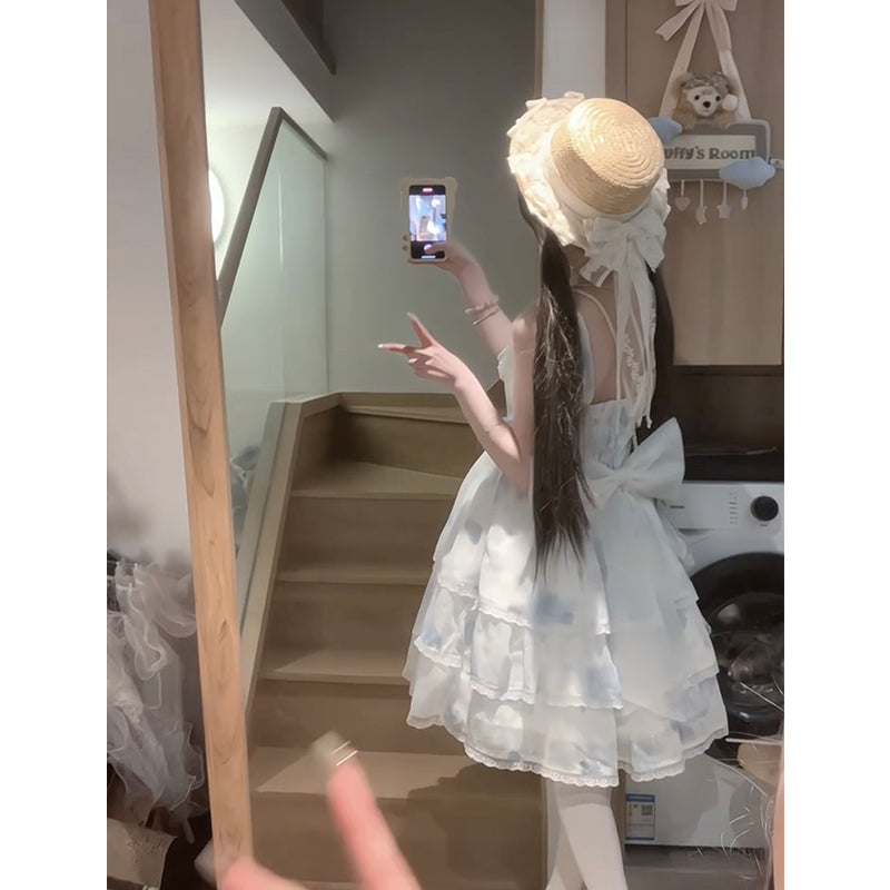 Vintage Ball Gown Square Neck White Blue Short Summer 18th Birthday Dress Lolita Dress Birthday Outfits W1237