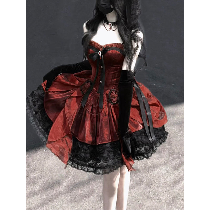 Cute Ball Gown Sweetheart Burgundy Short Lace Summer 18th Birthday Dress Lolita Dress Birthday Outfits W1251