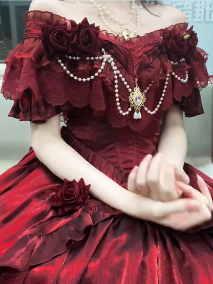 Retro Ball Gown Off The Shoulder Short Sleeves Burgundy Floral 16th Chiffon Birthday Dress Lolita Dress 18th Birthday Outfits W1204