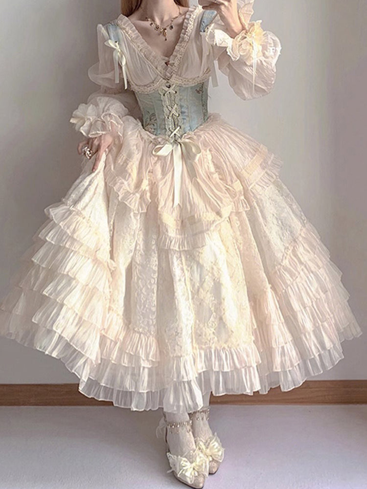 Retro Ball Gown V Neck Long Sleeves White Rose Floral 16th Chiffon Birthday Dress Lolita Dress 18th Birthday Outfits W1213