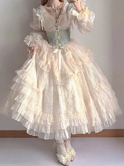 Retro Ball Gown V Neck Long Sleeves White Rose Floral 16th Chiffon Birthday Dress Lolita Dress 18th Birthday Outfits W1213