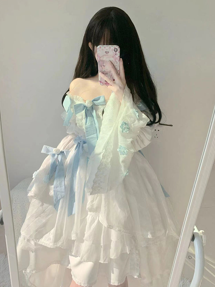 Vintage Ball Gown Square Long Sleeves White Chiffon Summer 18th Birthday Dress Lolita Dress Birthday Outfits W1228