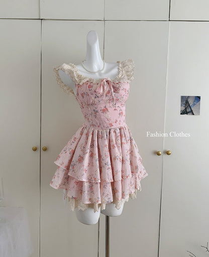 Cute Ball Gown Square Satin Floral Pink Short Summer Dress Holiday Party Outfits For Women DP1406