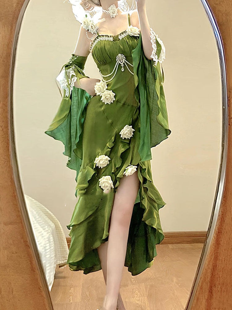 Vintage High Low Spaghetti Straps Green 16th Birthday Dress With Sleeves Lolita Dress Satin Birthday Outfits DP0223