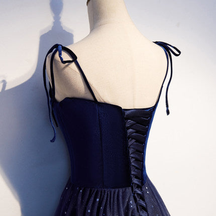 Simple A line Prom Dresses Navy Blue Tulle Evening Dress SH075