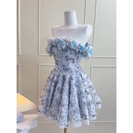 Simple A line Strapless Blue Lace Party Dresses Short Formal Homecoming Dresses Night Chic Elegant Short Dresses Cocktail Dress 18th Birthday Outfits Hoco Dresses DH2752