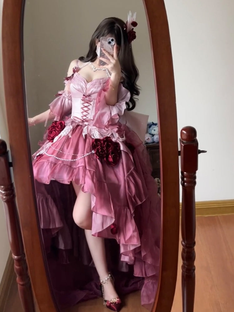 Vintage Ball Gown Spaghetti Straps Chiffon Summer 18th Birthday Dress High Low Ombre Pink Lolita Dress Birthday Outfits DH2415