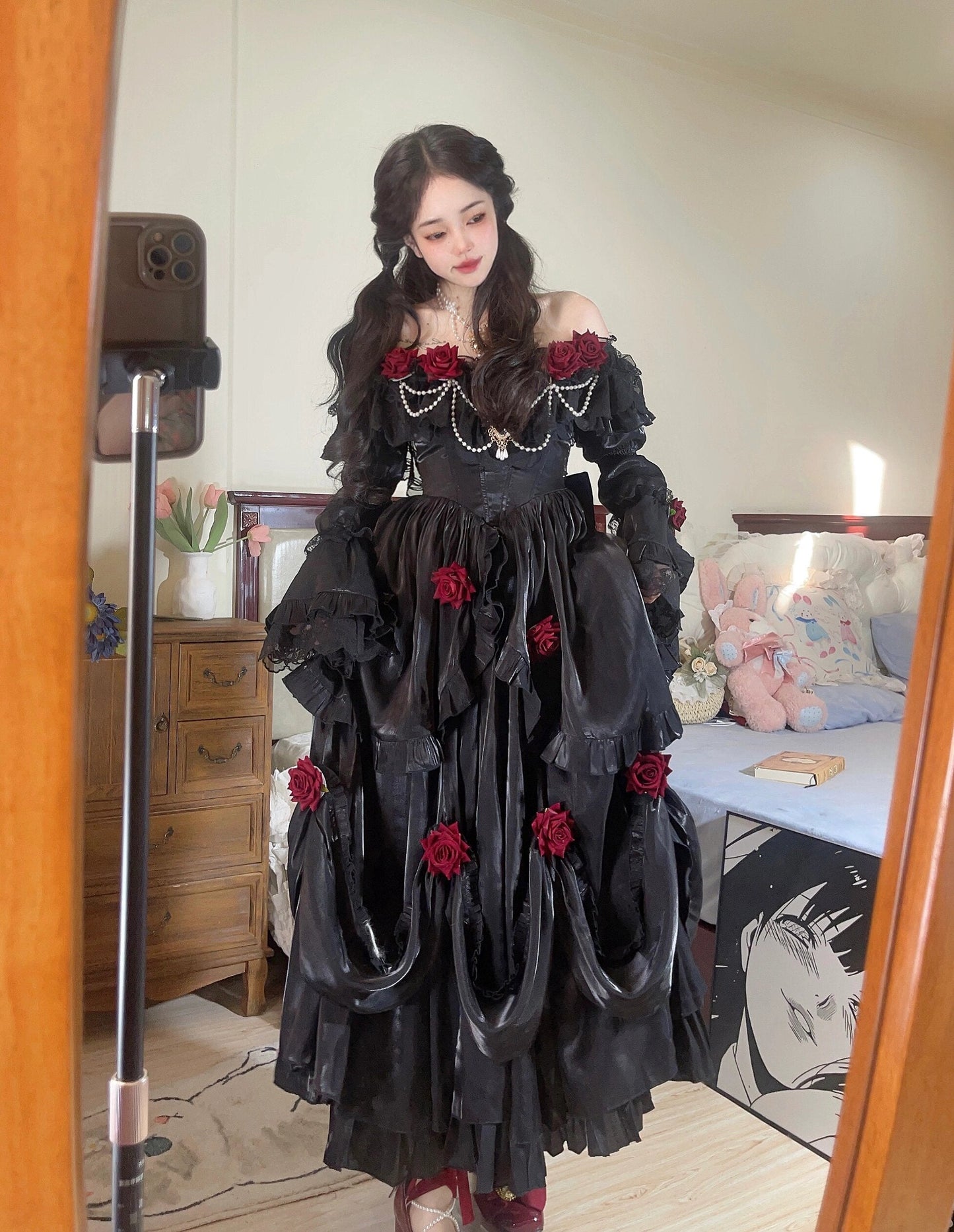 Retro Ball Gown Off The Shoulder Short Sleeves Black Rose Floral 16th Chiffon Birthday Dress Lolita Dress 18th Birthday Outfits W1244