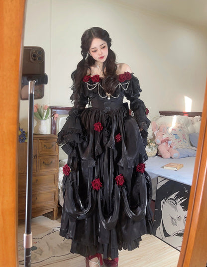 Retro Ball Gown Off The Shoulder Short Sleeves Black Rose Floral 16th Chiffon Birthday Dress Lolita Dress 18th Birthday Outfits W1244