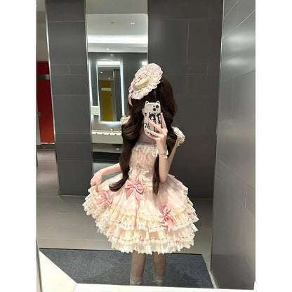 Cute Ball Gown Square Neck Pink Short Lace Summer 18th Birthday Dress Lolita Dress Birthday Outfits W1249