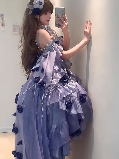 Vintage Ball Gown Spaghetti Straps Grape Chiffon Summer 18th Birthday Dress High Low Ombre Blue Pearls Lolita Dress Birthday Outfits W1246