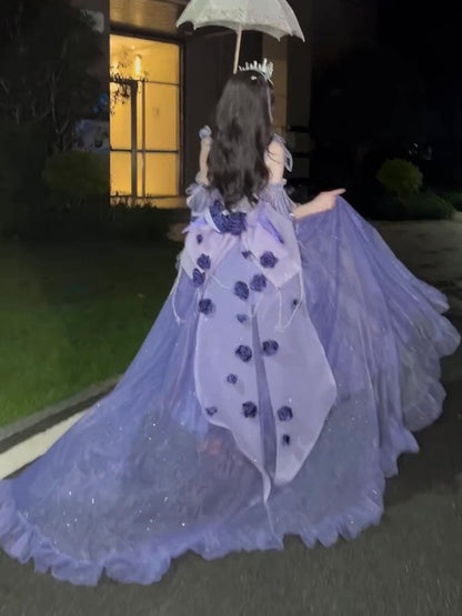 Vintage Ball Gown Spaghetti Straps Grape Chiffon Summer 18th Birthday Dress High Low Ombre Blue Pearls Lolita Dress Birthday Outfits W1253