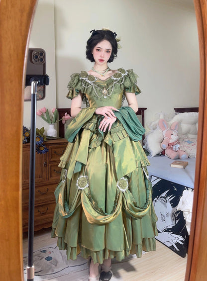 Retro Ball Gown Off The Shoulder Short Sleeves Green Rose Floral 16th Chiffon Birthday Dress Lolita Dress 18th Birthday Outfits W1243