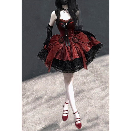 Cute Ball Gown Sweetheart Burgundy Short Lace Summer 18th Birthday Dress Lolita Dress Birthday Outfits W1251