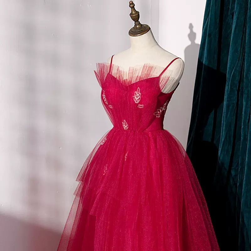 Simple A line Tulle Red Long Prom Dresses SH223