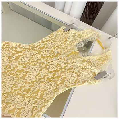 Sexy Sheath V Neckline Yellow Lace Summer Dress Holiday Party Outfits For Women DP0114