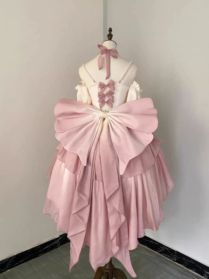 Vintage Ball Gown Spaghetti Straps Short Chiffon Summer 18th Birthday Dress High Low Ombre Pink Pearls Lolita Dress Birthday Outfits W1232