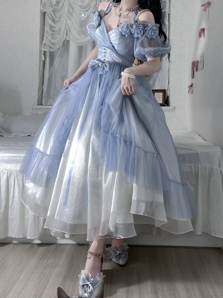 Vintage Ball Gown Off The Shoulder Short Sleeves 16th Blue Birthday Dresses Lolita Dress Birthday Outfits W1238