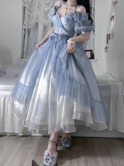 Vintage Ball Gown Off The Shoulder Short Sleeves 16th Blue Birthday Dresses Lolita Dress Birthday Outfits W1238