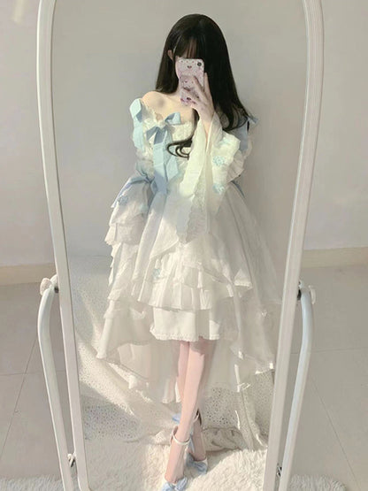 Vintage Ball Gown Square Long Sleeves White Chiffon Summer 18th Birthday Dress Lolita Dress Birthday Outfits W1228