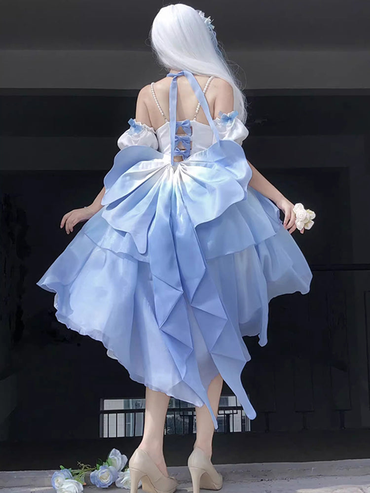 Vintage Ball Gown Spaghetti Straps Short Chiffon Summer 18th Birthday Dress High Low Ombre Blue Pearls Lolita Dress Birthday Outfits W1241