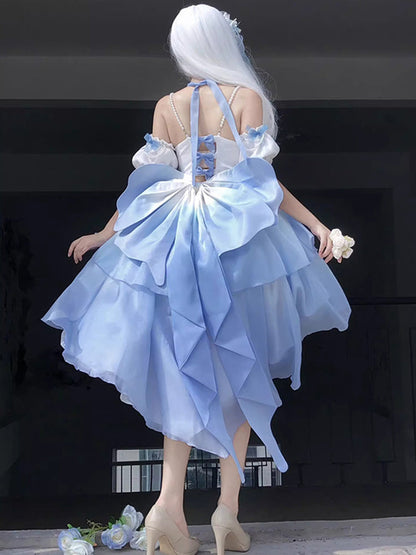 Vintage Ball Gown Spaghetti Straps Short Chiffon Summer 18th Birthday Dress High Low Ombre Blue Pearls Lolita Dress Birthday Outfits W1241