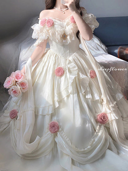 Retro Ball Gown Off The Shoulder Short Sleeves White Rose Floral 16th Chiffon Birthday Dress Lolita Dress 18th Birthday Outfits W1242